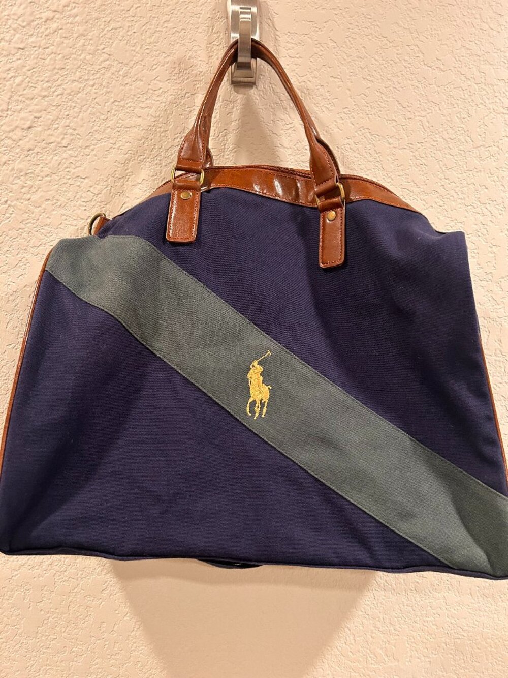 VTG Polo Ralph Lauren Blue & Green Canvas with Shoulder Strap Travel Duffle Bag